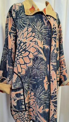 Reversible Vintage Cotton Kantha Stitched Coat - Mustard, Red or Black, Orange - B