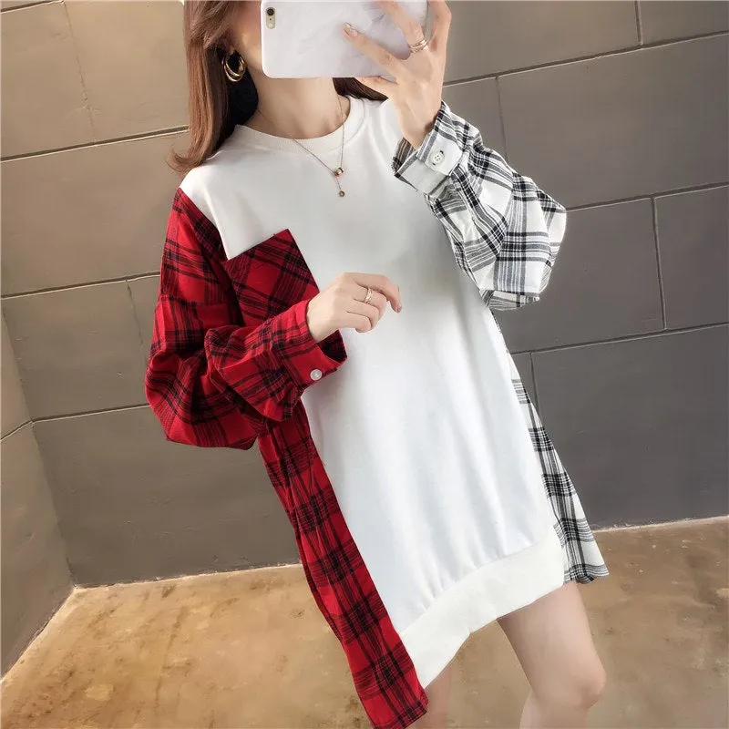 Side Plaid Patchwork O-Neck Sweatshirt
