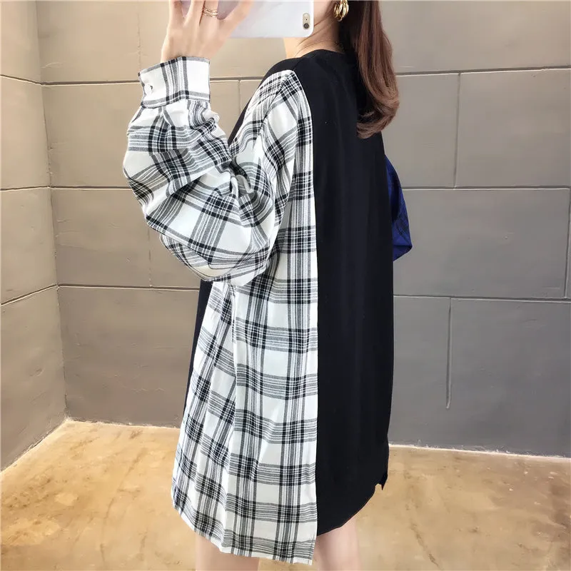 Side Plaid Patchwork O-Neck Sweatshirt