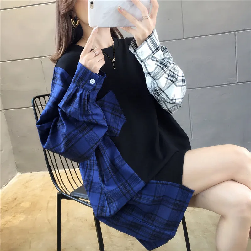 Side Plaid Patchwork O-Neck Sweatshirt