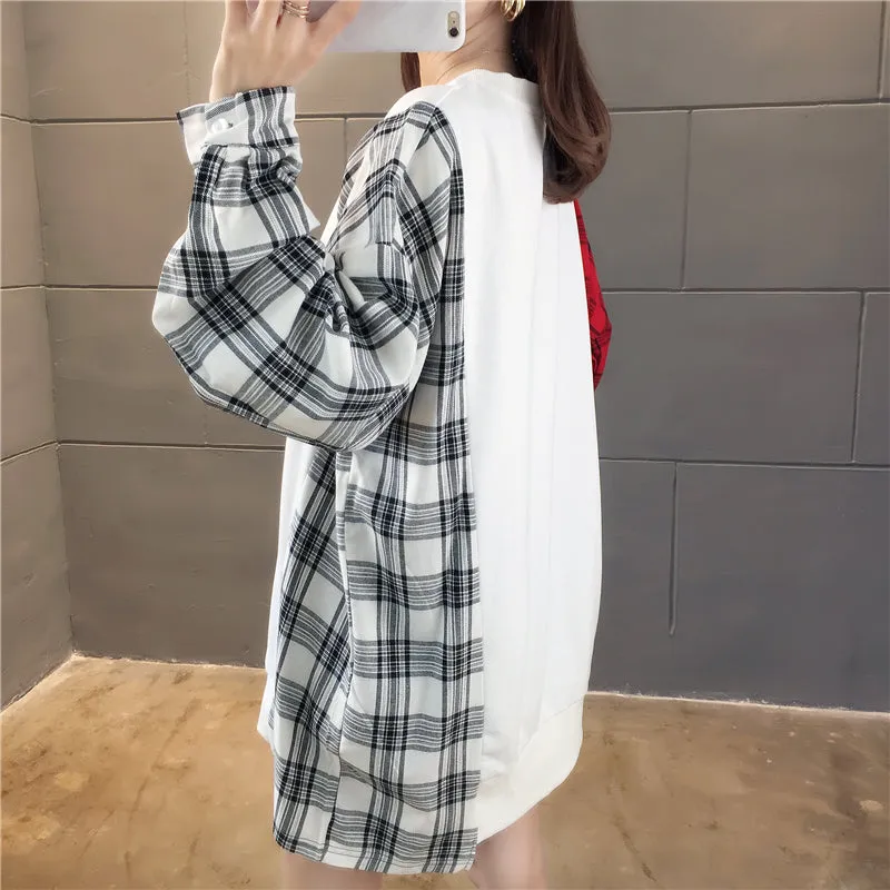 Side Plaid Patchwork O-Neck Sweatshirt