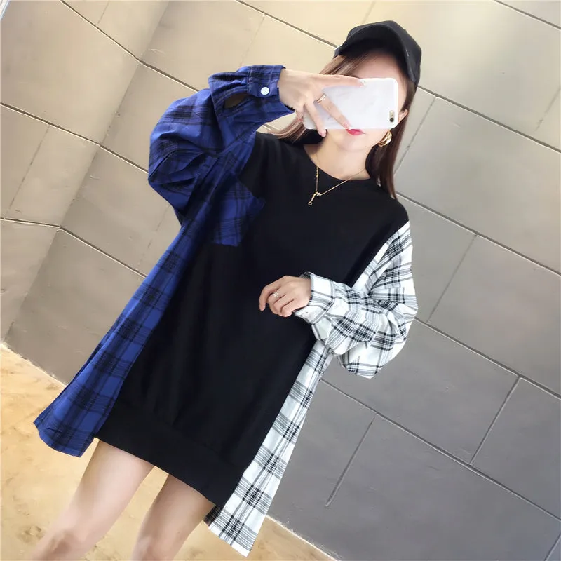 Side Plaid Patchwork O-Neck Sweatshirt