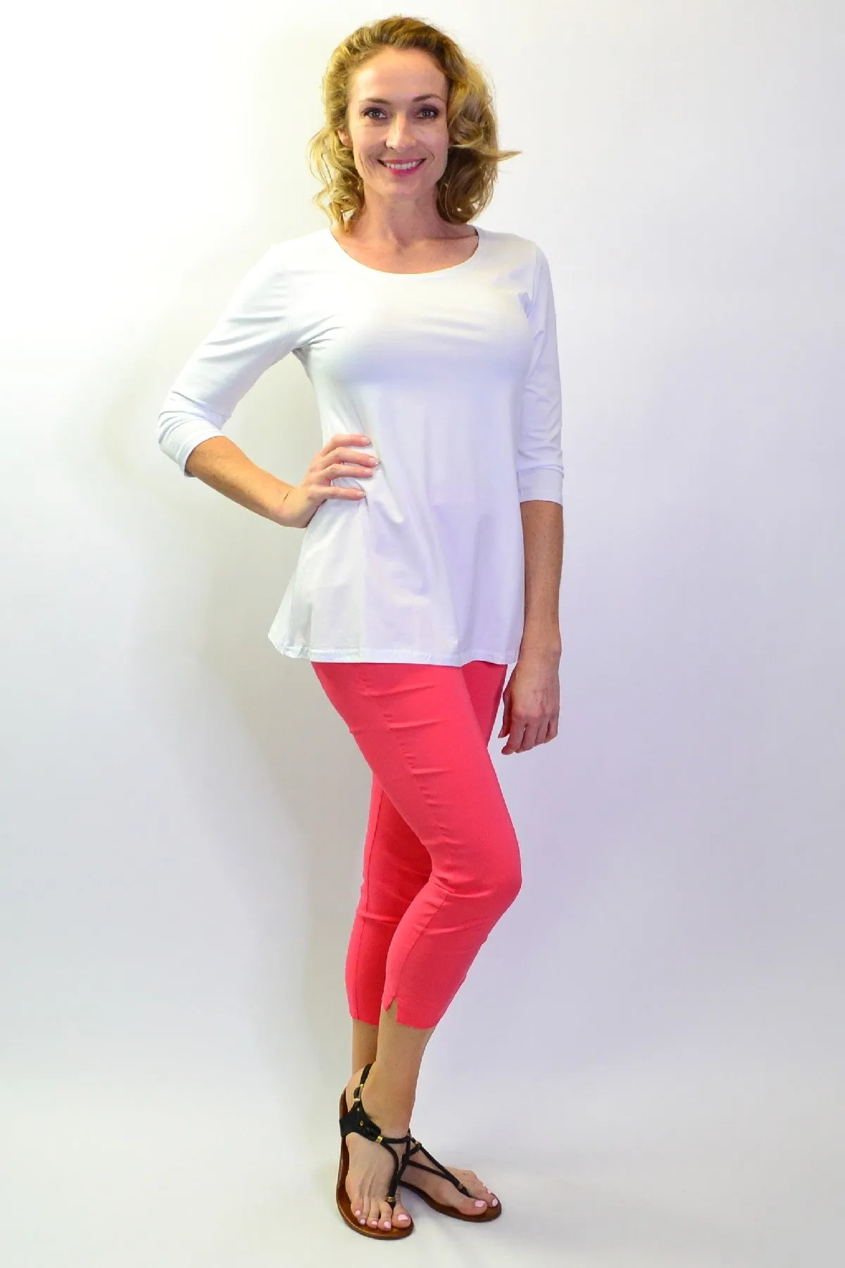 White Basic Bamboo 3/4 Sleeve Jersey Tunic Top