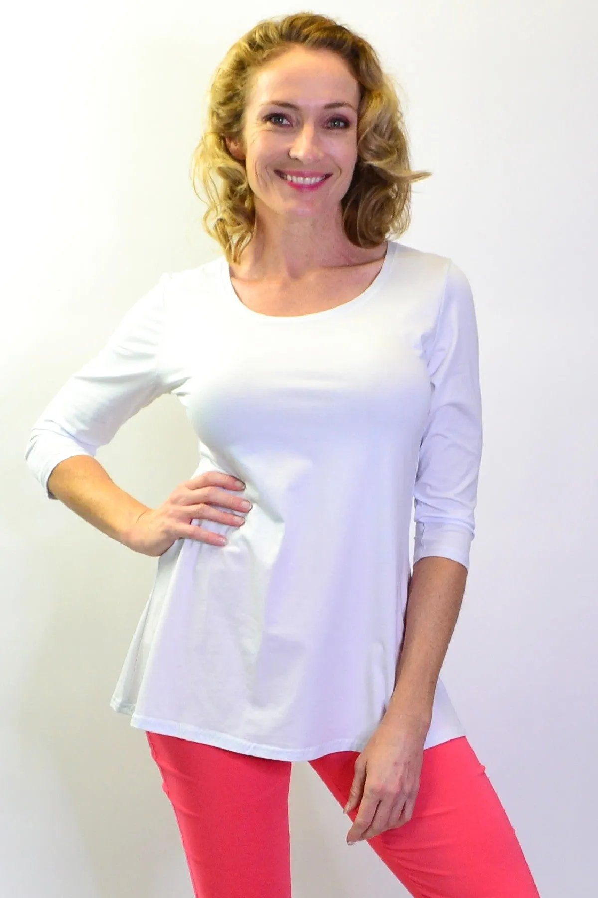 White Basic Bamboo 3/4 Sleeve Jersey Tunic Top