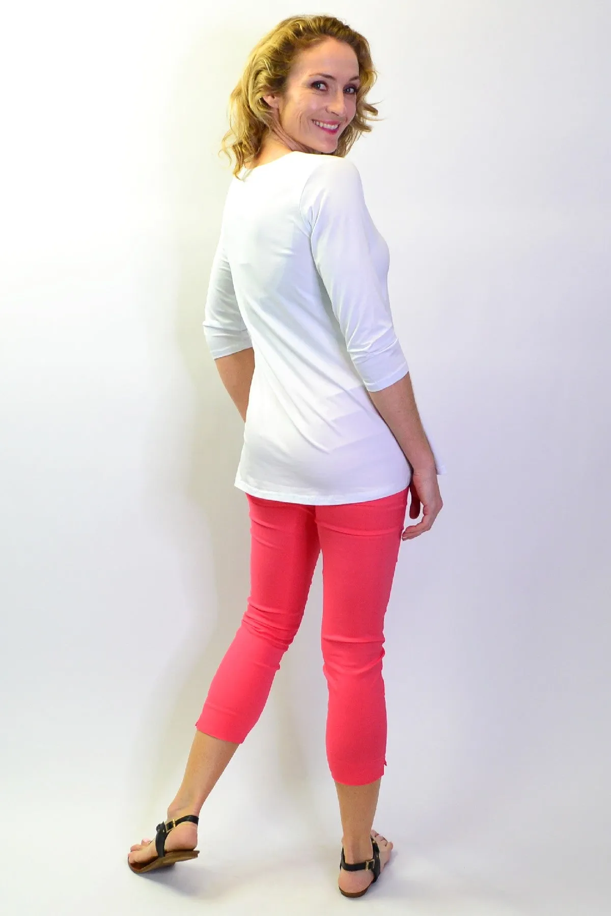 White Basic Bamboo 3/4 Sleeve Jersey Tunic Top